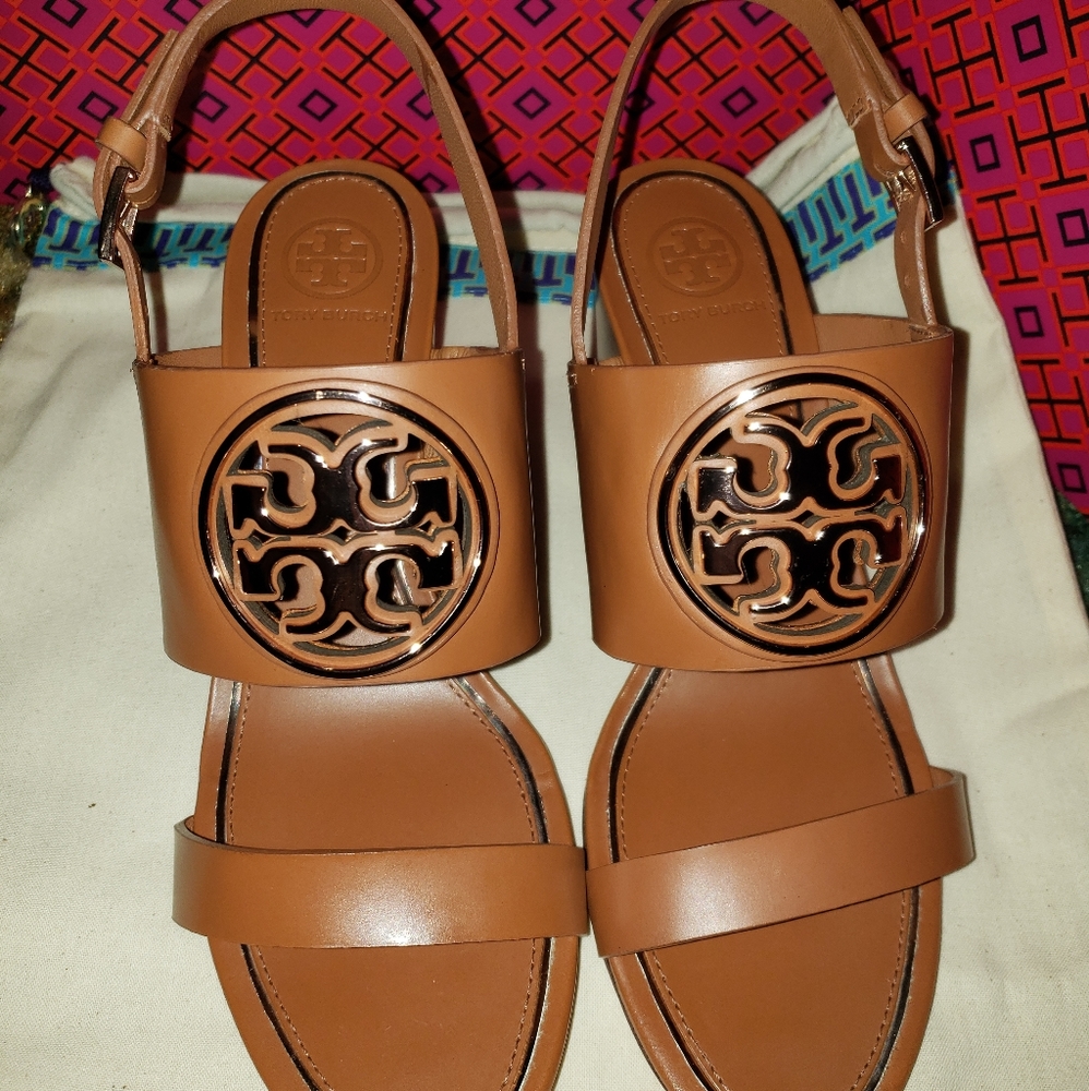 Tory Burch Metal Miller Logo Wedge Sandals